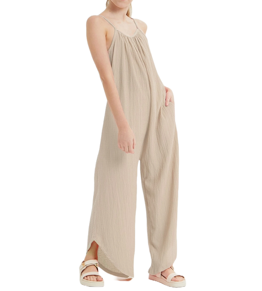 Girls Asymmetrical Hem Crinkle Texture Jumpsuit /Overall