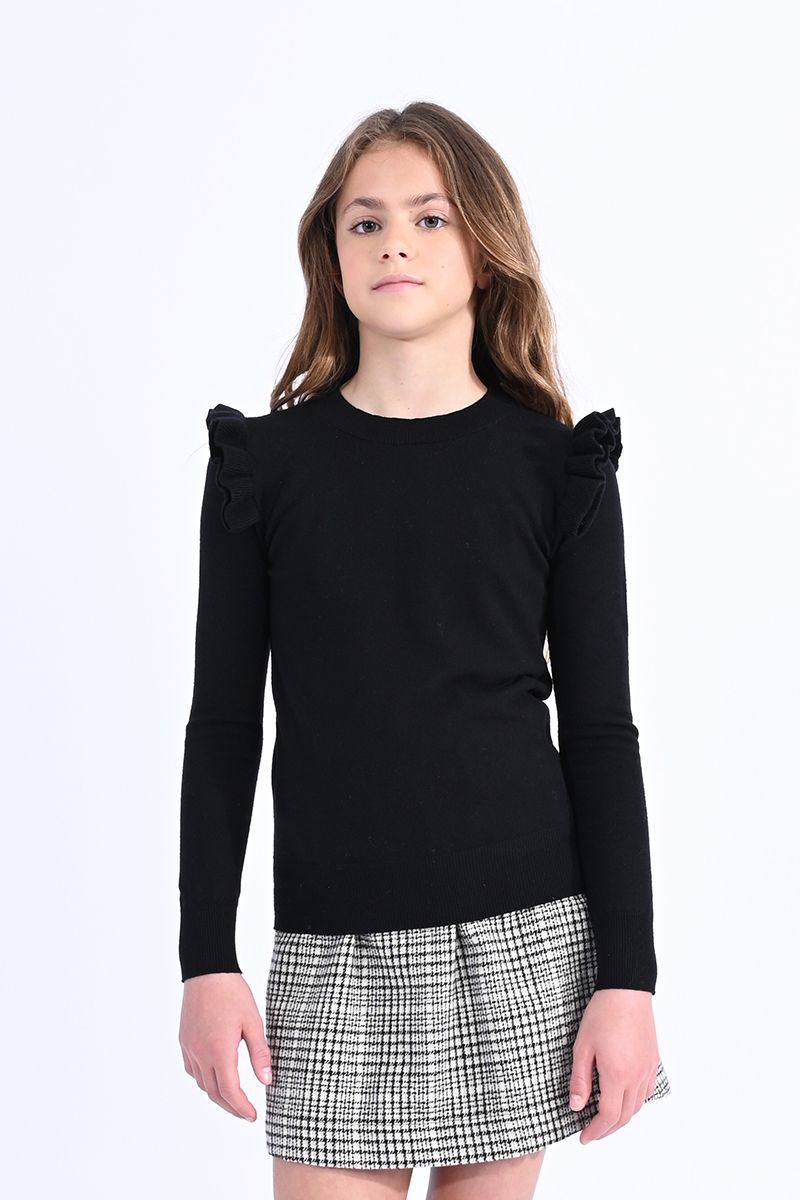 Girls Ruffled Sleeve Black Sweater