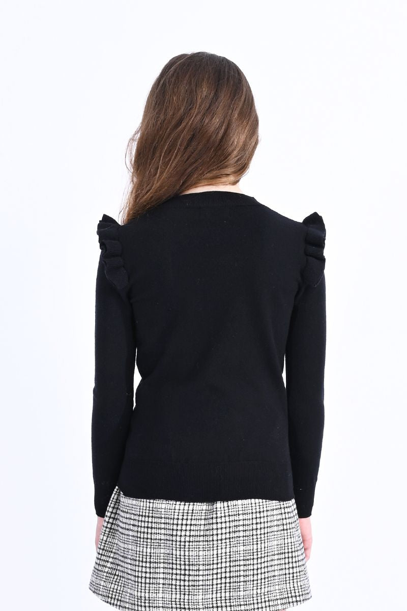 Girls Ruffled Sleeve Black Sweater