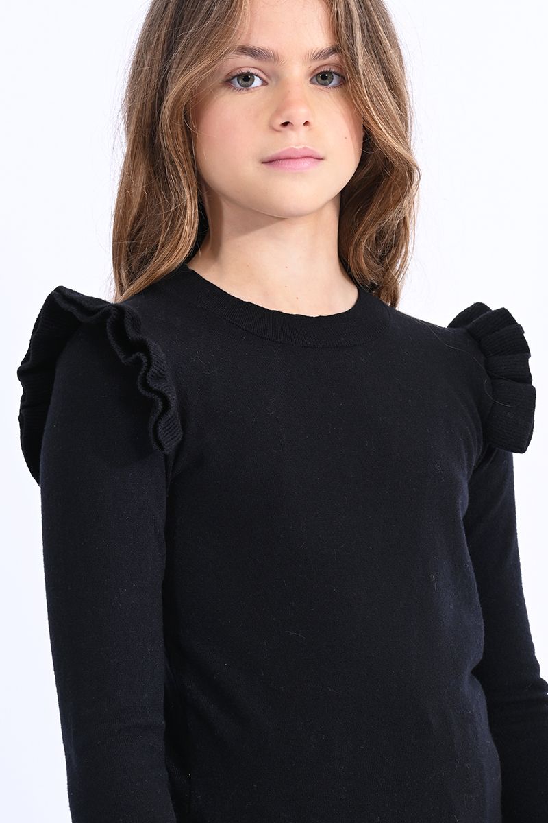 Girls Ruffled Sleeve Black Sweater