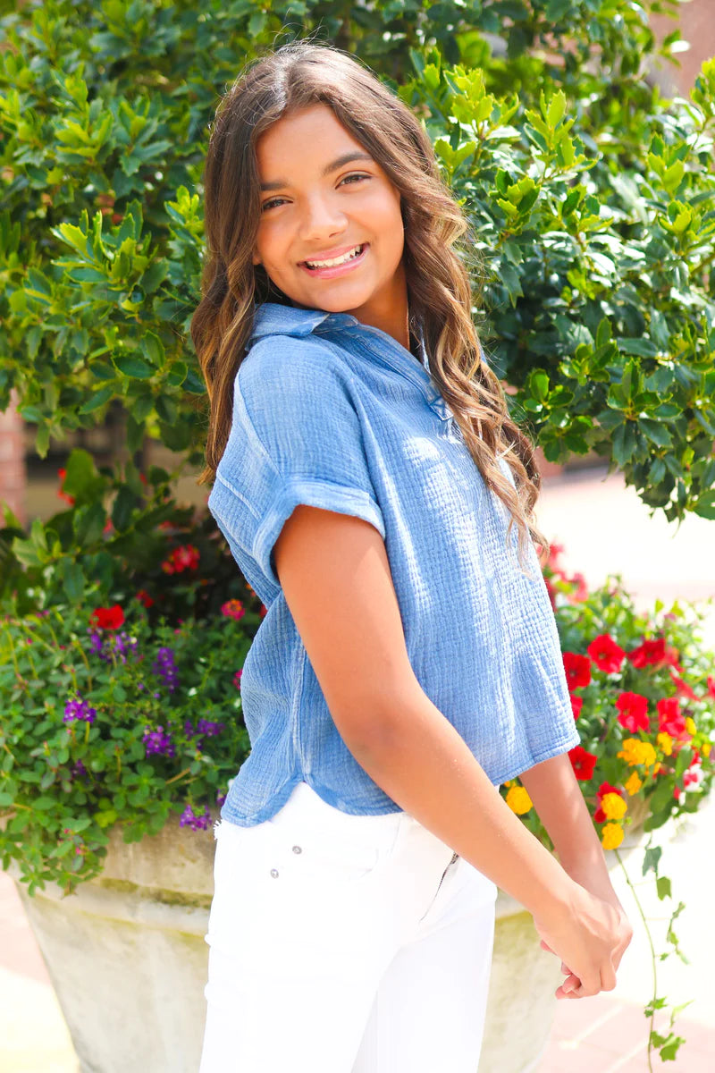 Girls Blue Muslin Camp Shirt