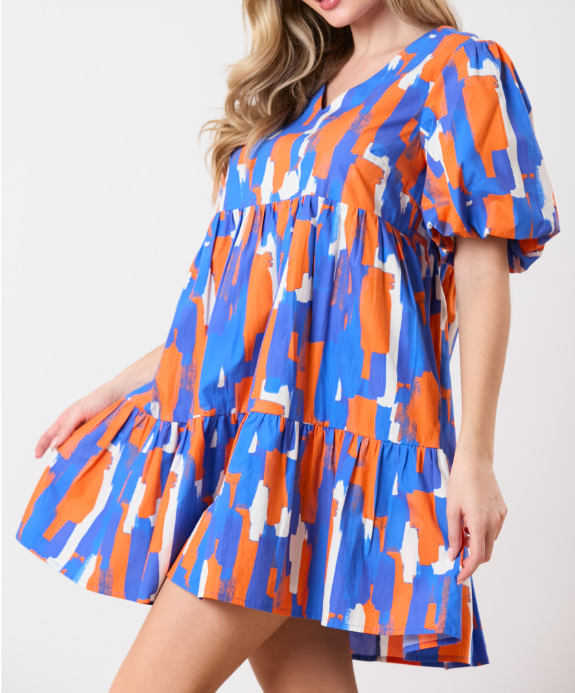 Brushed Printed V-Neck Puff Sleeve Dress