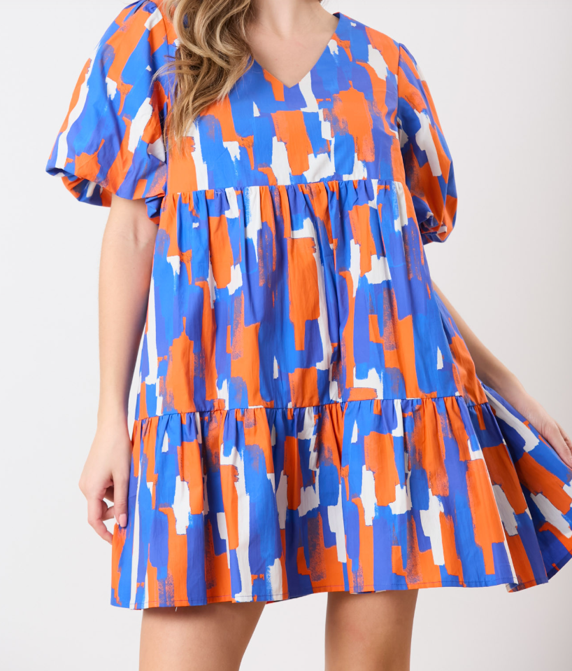 Brushed Printed V-Neck Puff Sleeve Dress