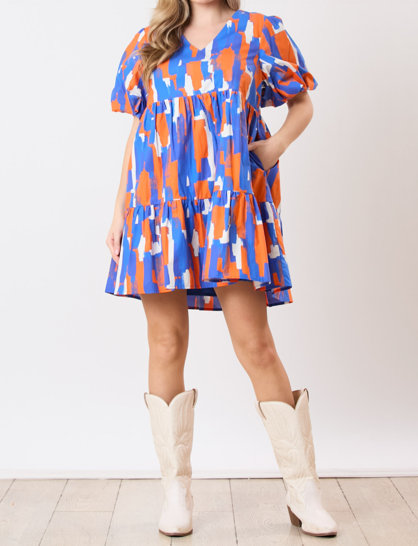 Brushed Printed V-Neck Puff Sleeve Dress