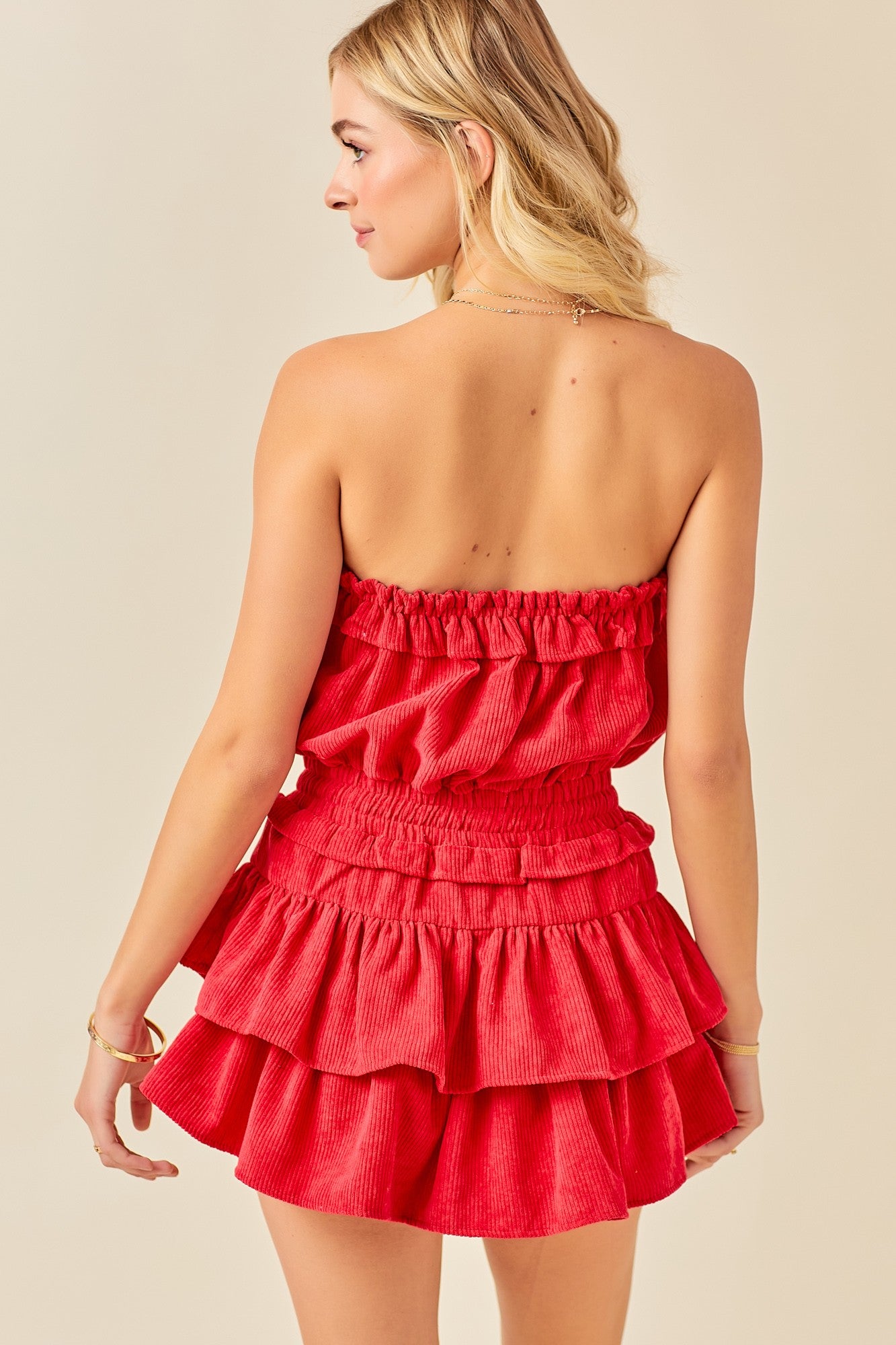 Corduroy Strapless Ruffle Romper Dress - Red