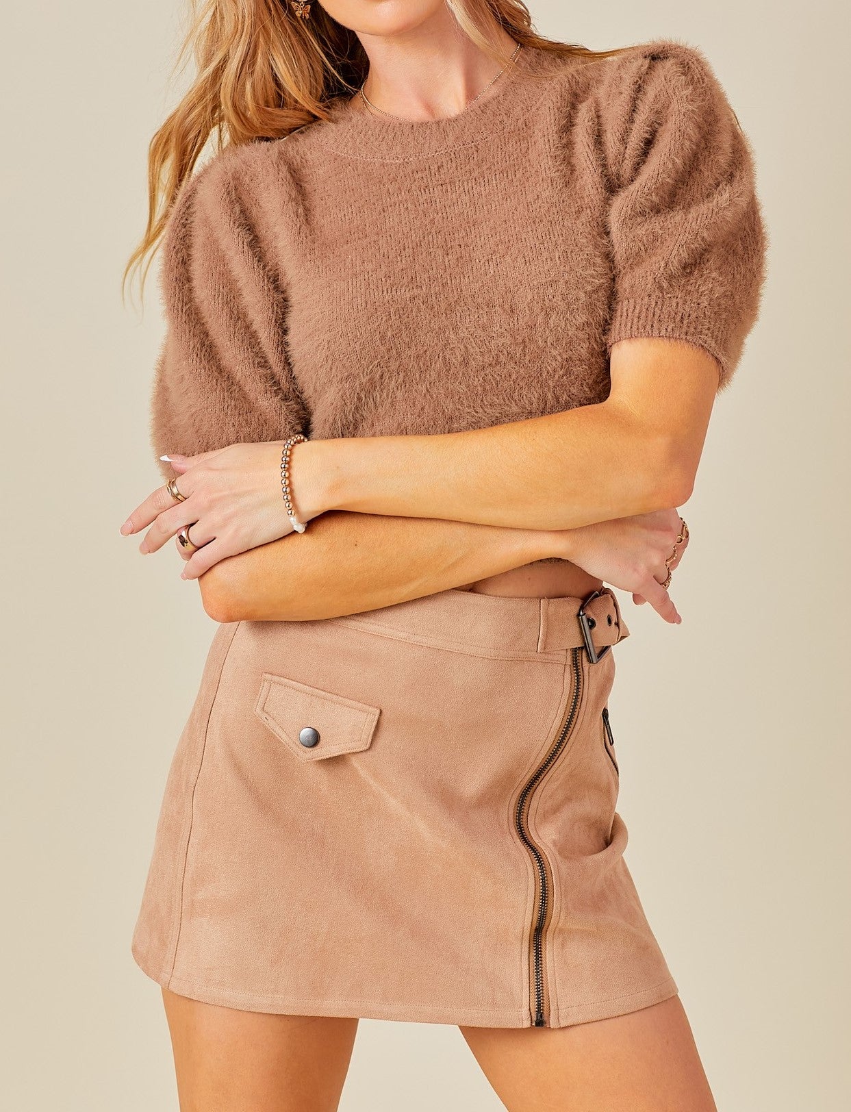 Cropped Puff Sleeve Sweater - Mocha