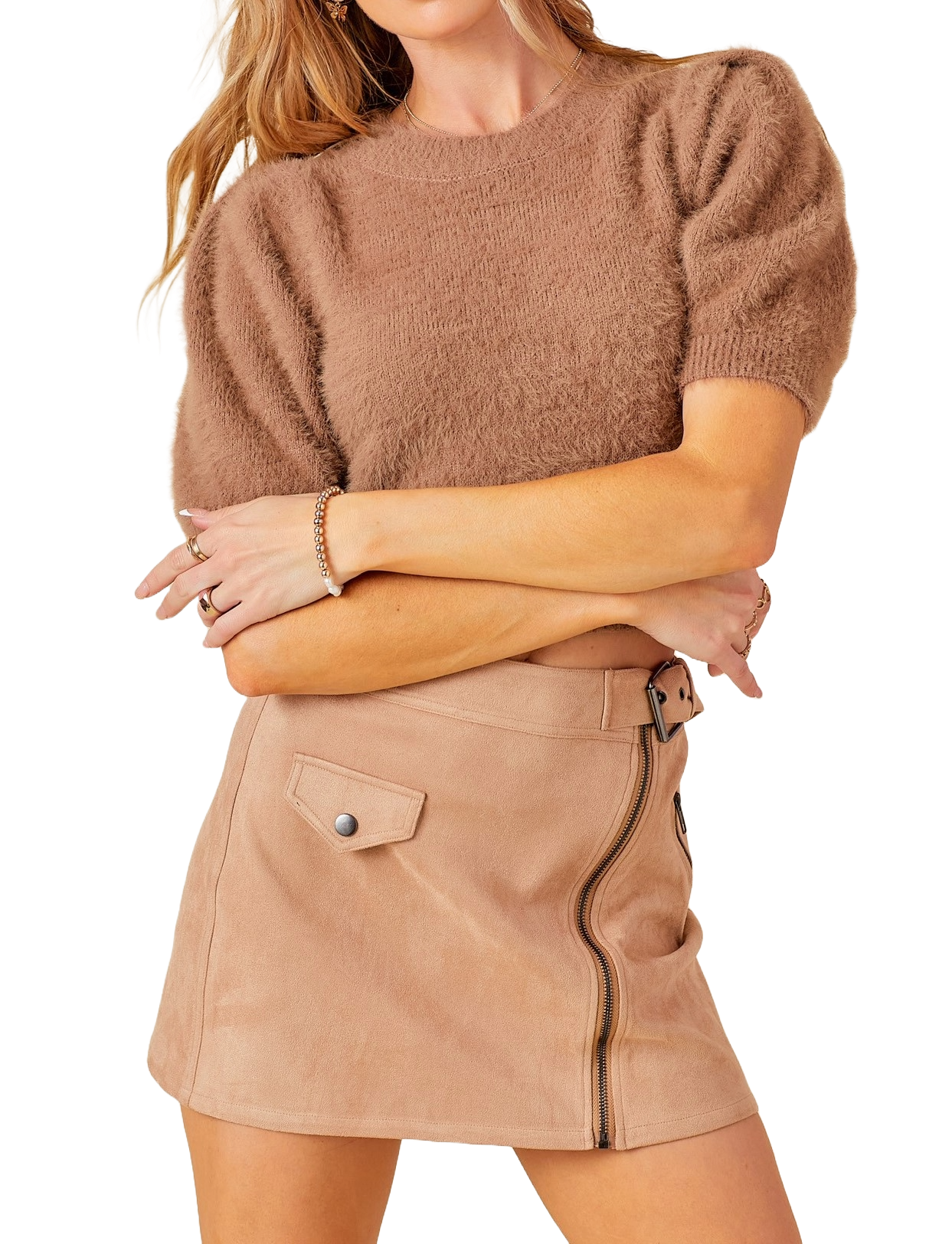 Cropped Puff Sleeve Sweater - Mocha