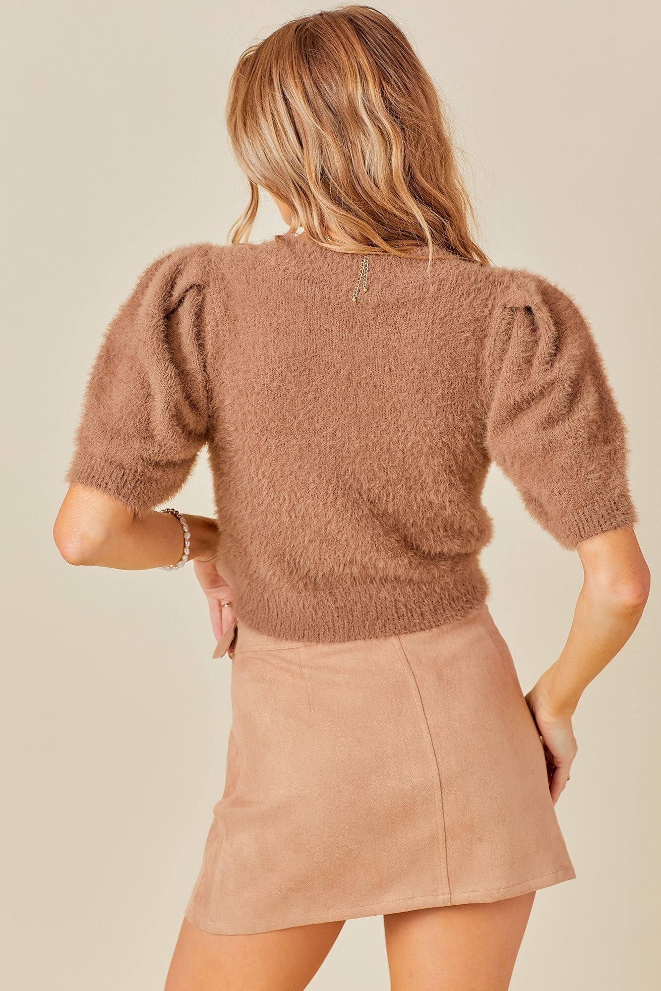 Cropped Puff Sleeve Sweater - Mocha