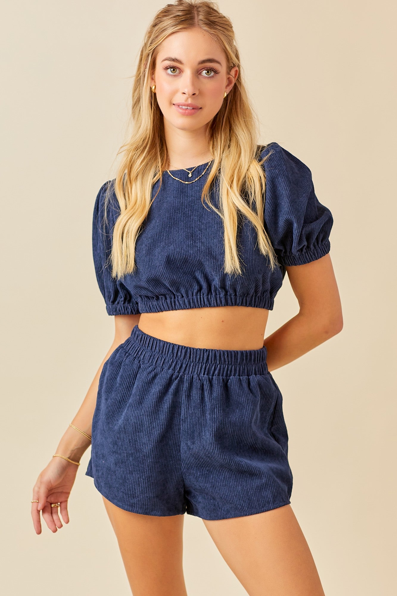 Corduroy Matching Top and Short Set - Navy