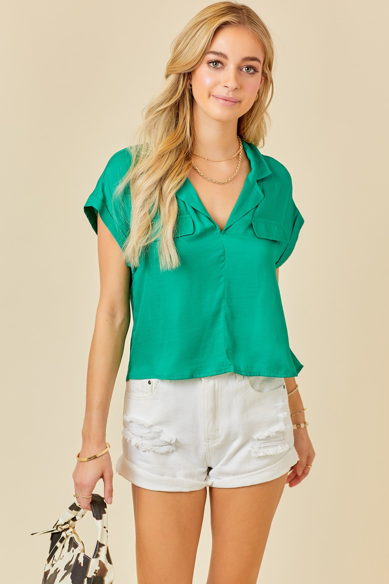 Easy V Neck Cropped Blouse