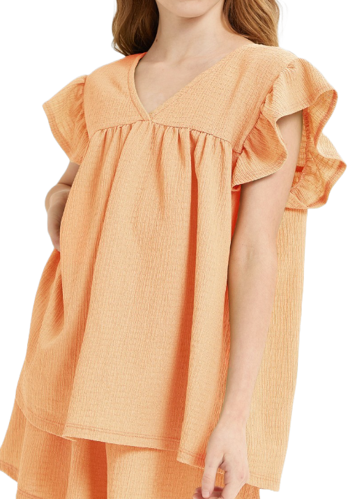 Girls V-Neck Ruffle Sleeves Crinkled Top