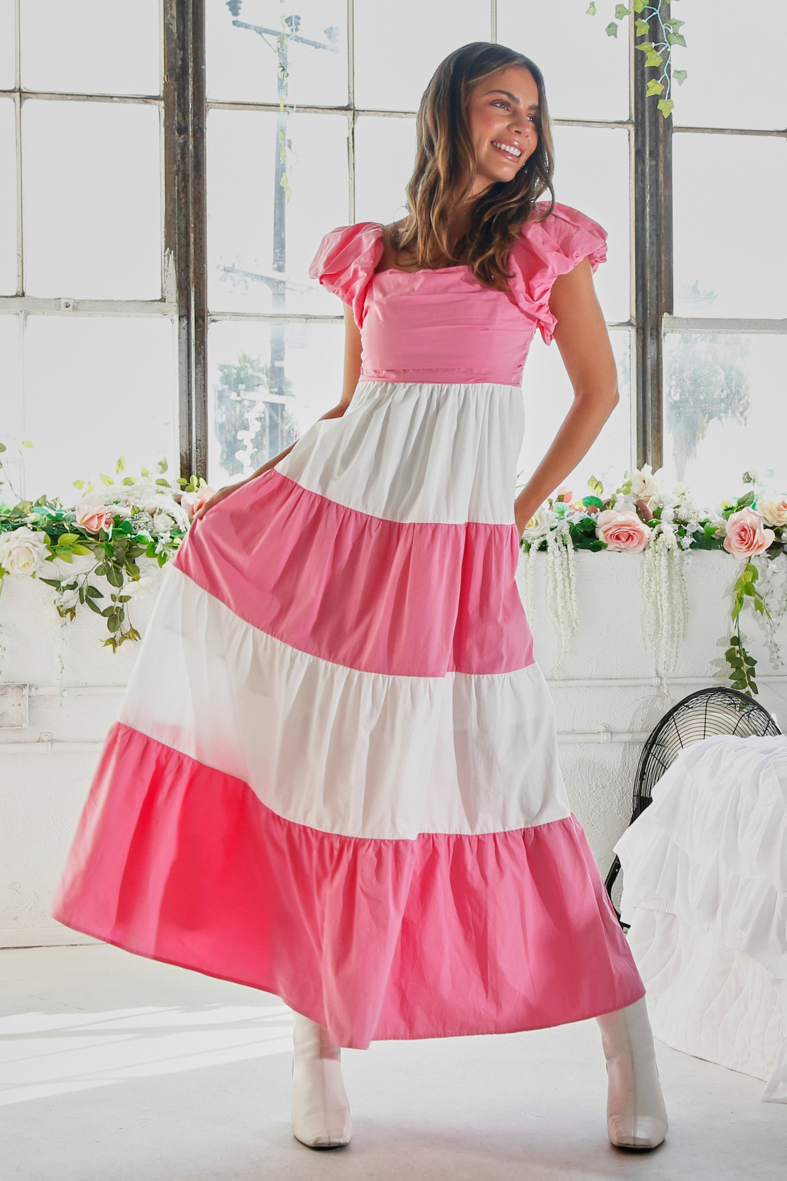 Pink Color Block Tiered Maxi Dress M Pink Color Block Tiered Maxi Dress M
