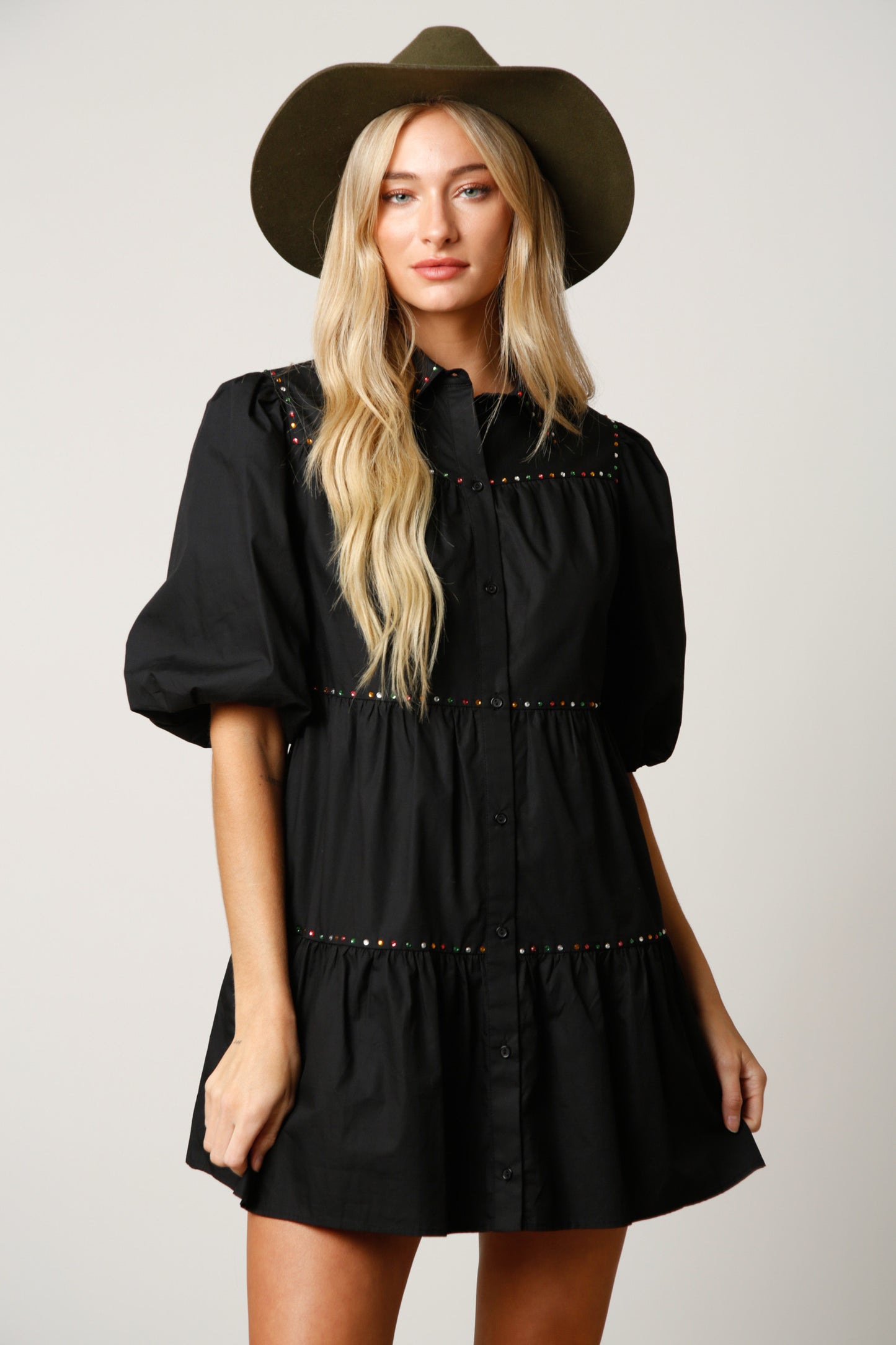 Puff Sleeve Rhinestone Tiered Shirt Dress