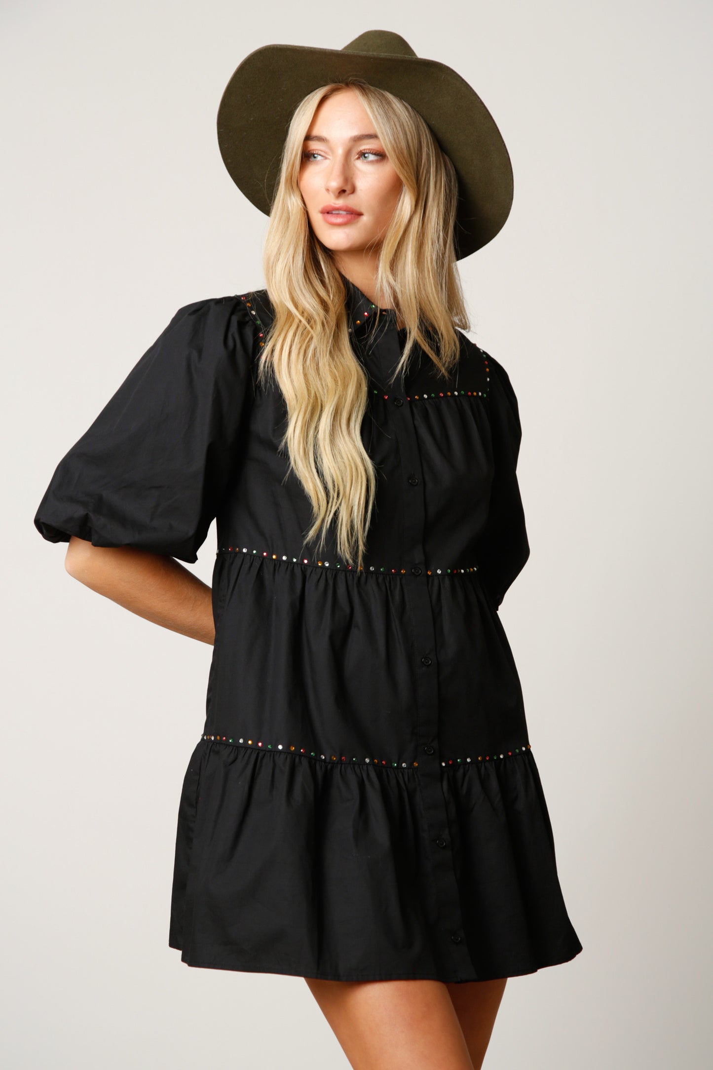 Puff Sleeve Rhinestone Tiered Shirt Dress