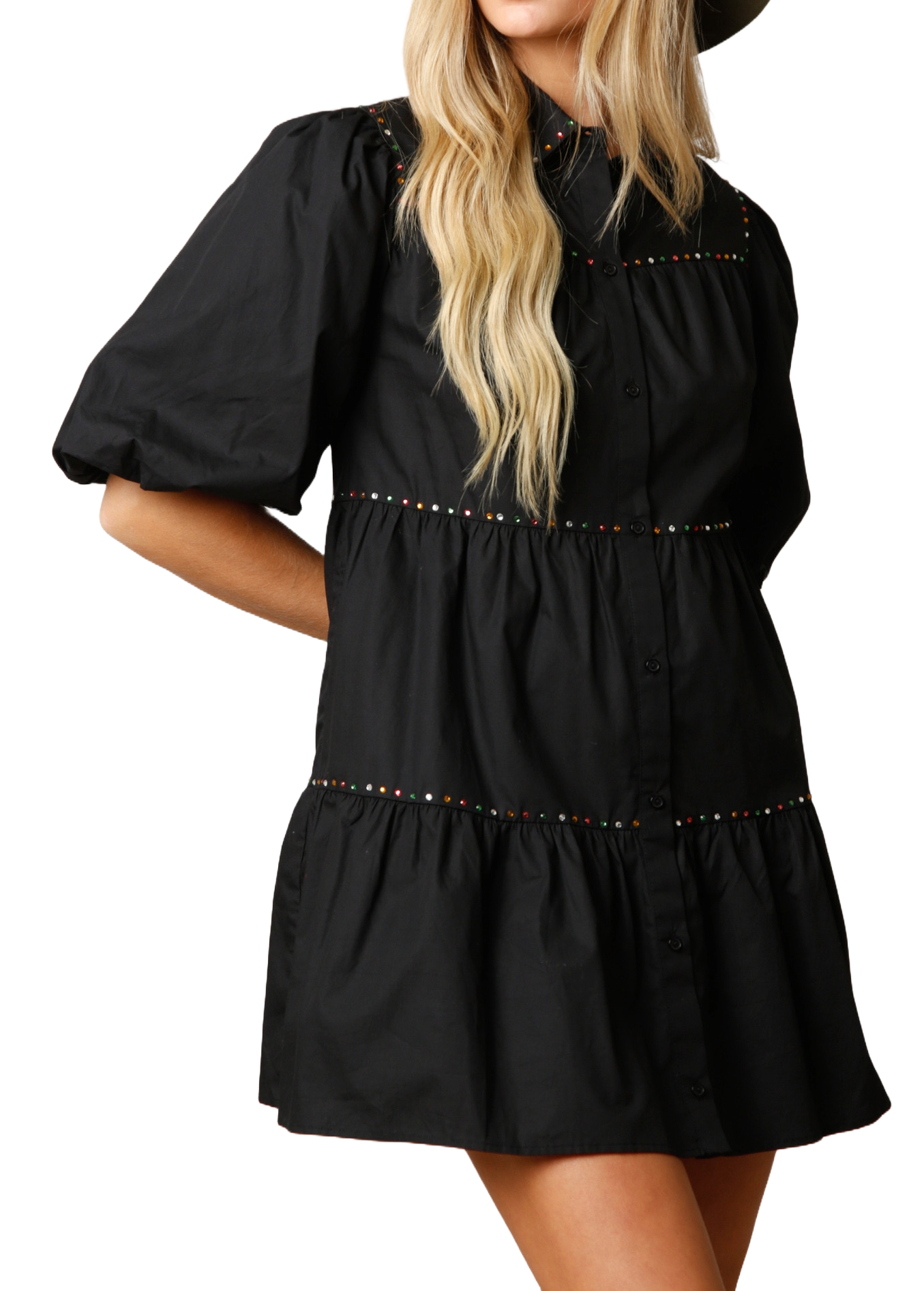 Puff Sleeve Rhinestone Tiered Shirt Dress