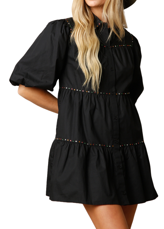 Puff Sleeve Rhinestone Tiered Shirt Dress