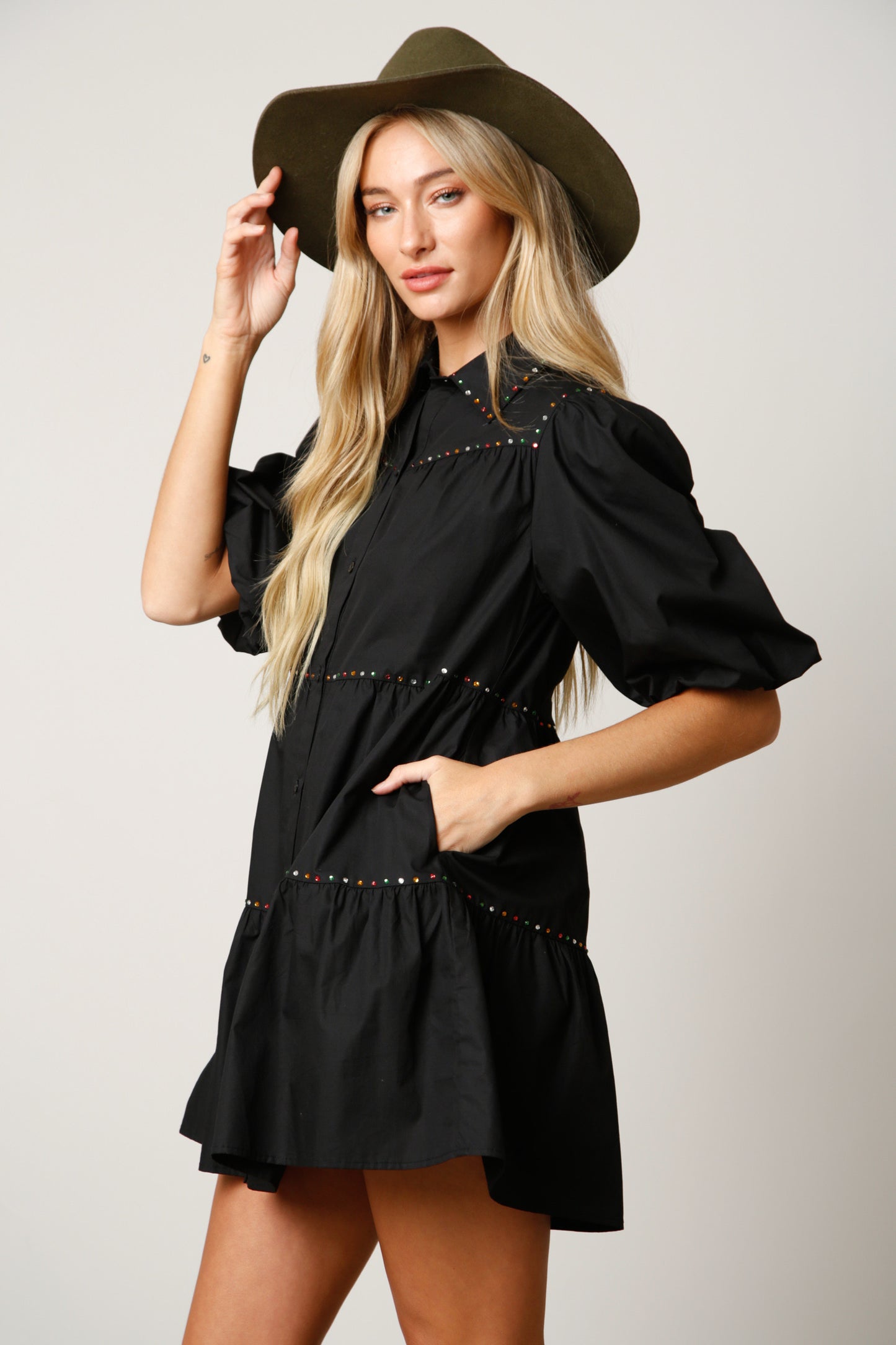 Puff Sleeve Rhinestone Tiered Shirt Dress
