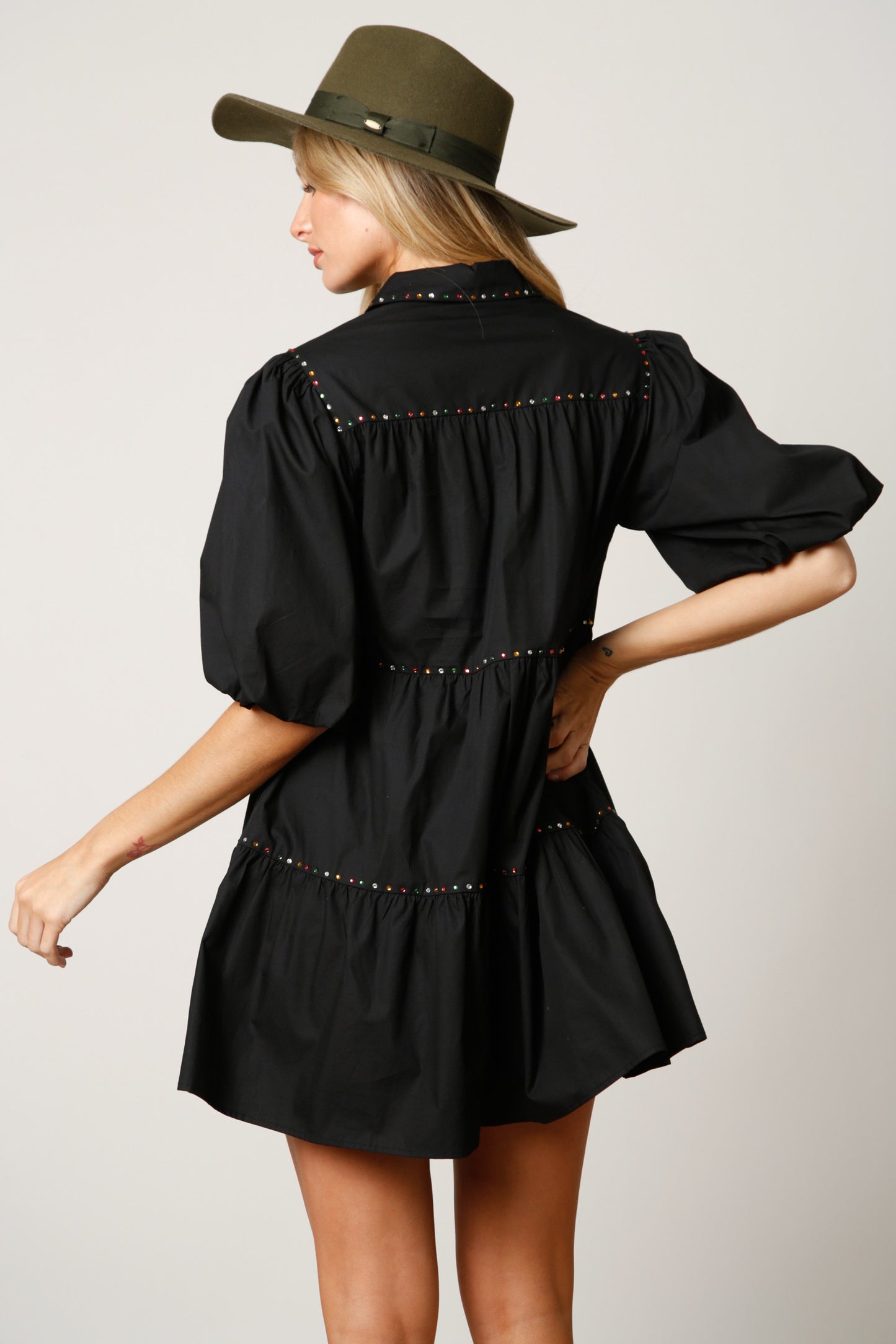 Puff Sleeve Rhinestone Tiered Shirt Dress