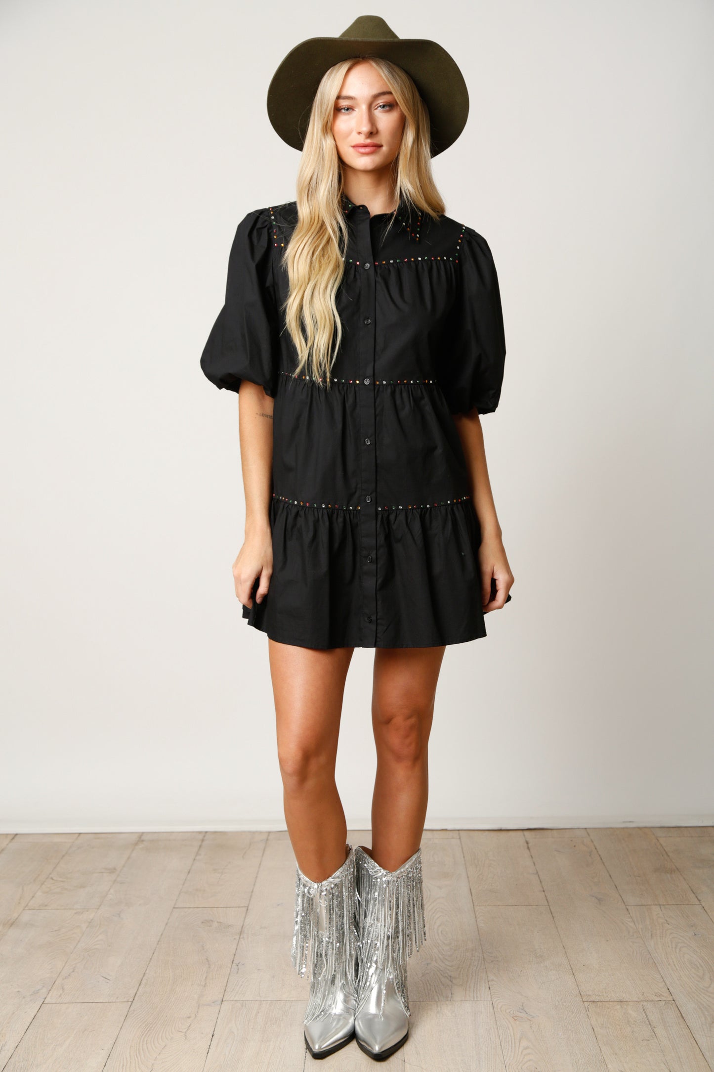 Puff Sleeve Rhinestone Tiered Shirt Dress