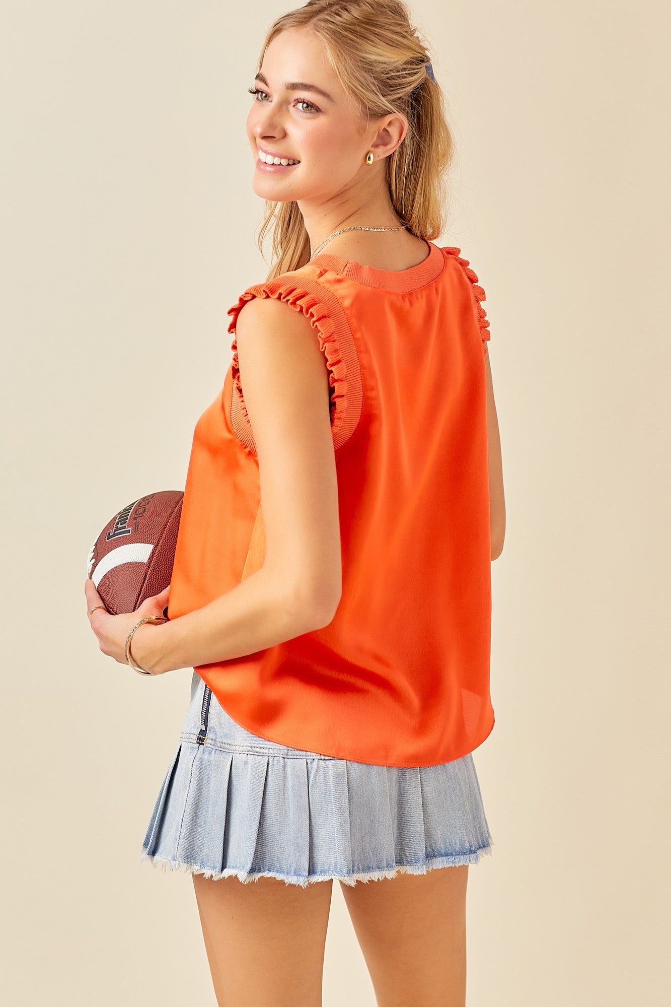 Ribbed Ruffle Detail Satin Top - Orange