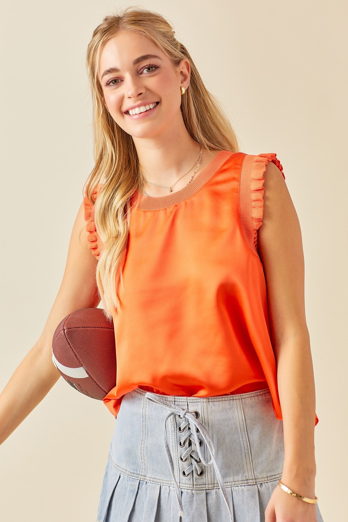 Ribbed Ruffle Detail Satin Top - Orange