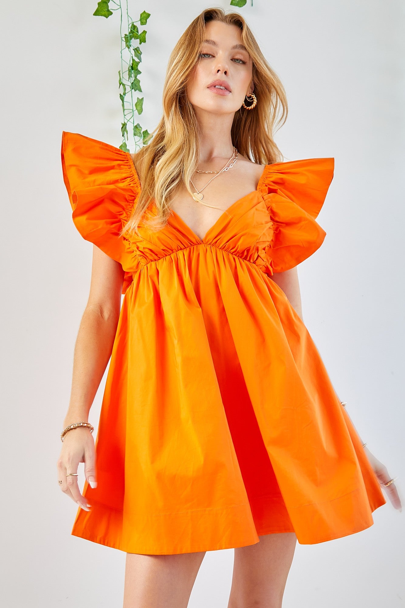 Ruffle Tie Back Poplin Dress - Orange