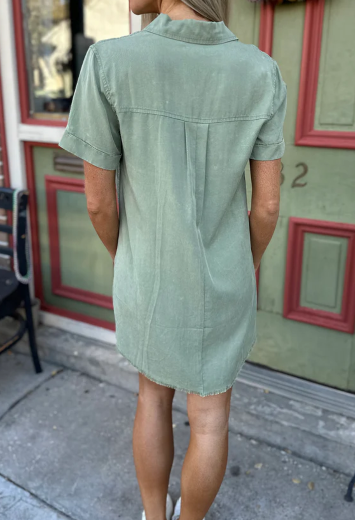 Washed Denim Shirt Dress- Olive