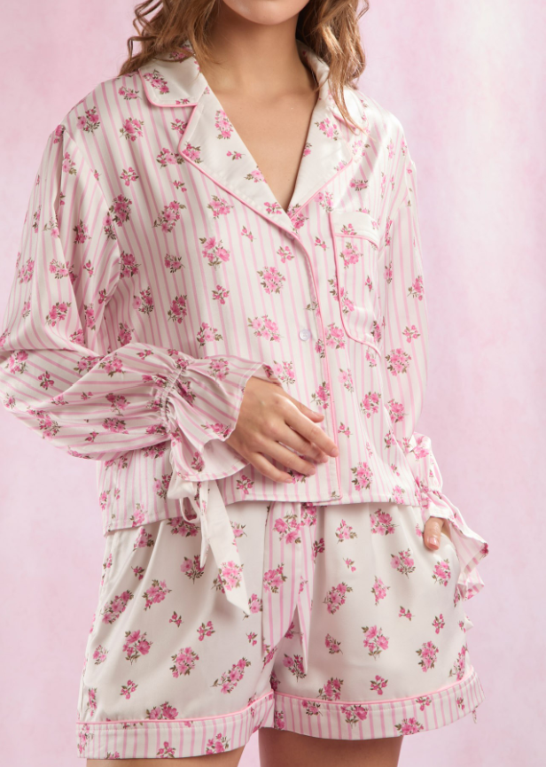 Stripe & Floral Prints Satin Pajamas Set