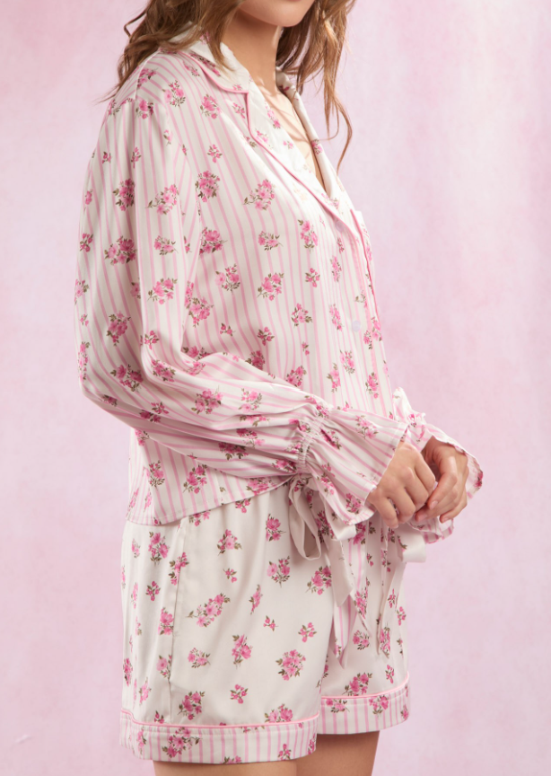 Stripe & Floral Prints Satin Pajamas Set