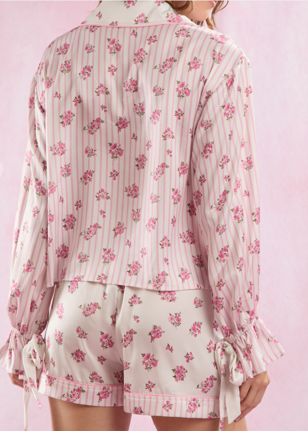 Stripe & Floral Prints Satin Pajamas Set