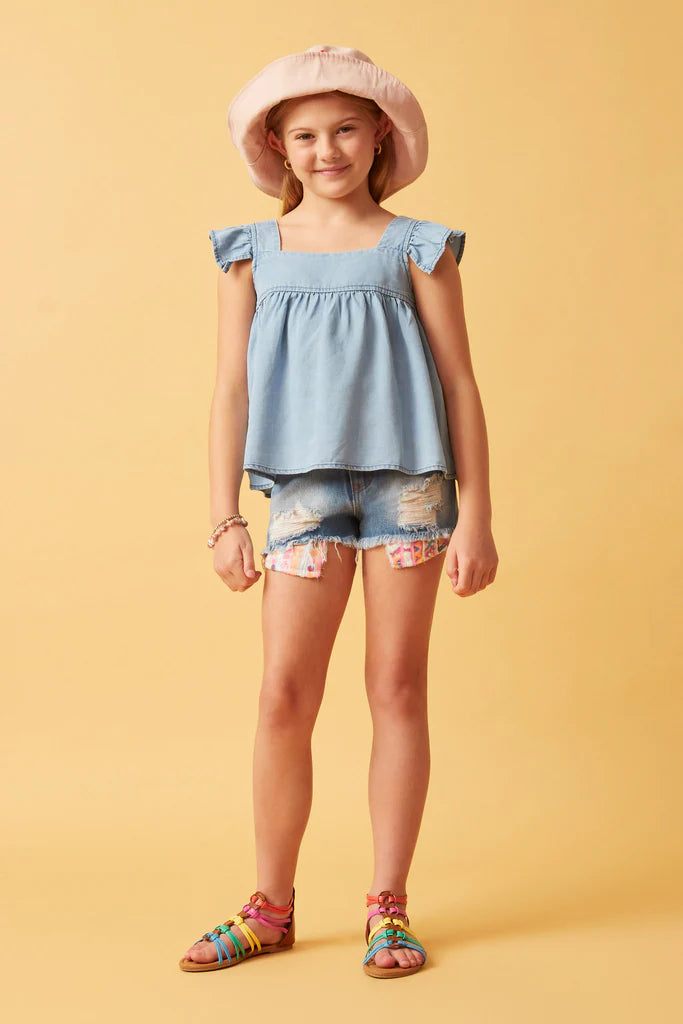 Girls Tencel Square Neck Ruffle Cap Sleeve Top
