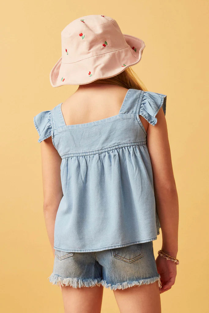 Girls Tencel Square Neck Ruffle Cap Sleeve Top