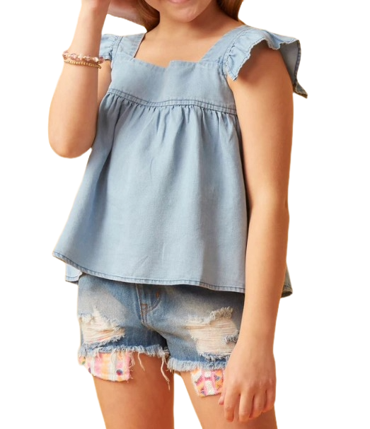 Girls Tencel Square Neck Ruffle Cap Sleeve Top