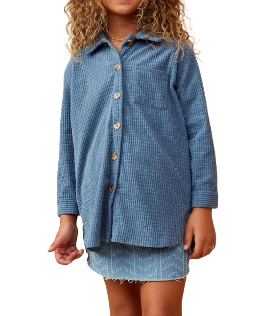 Girls Textured Velvet Yarn Button Up Shacket