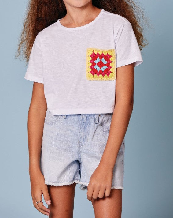 Girls Short Sleeve Crochet Pocket Short Sleeve Shirt