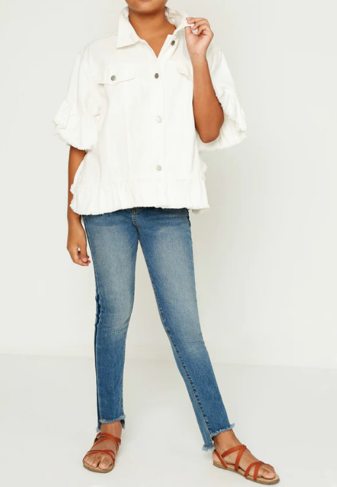 Girls Ruffle Stone Wash Denim Jacket
