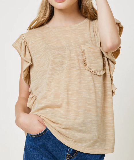 Girls Heathered Ruffle Pocket T-Shirt