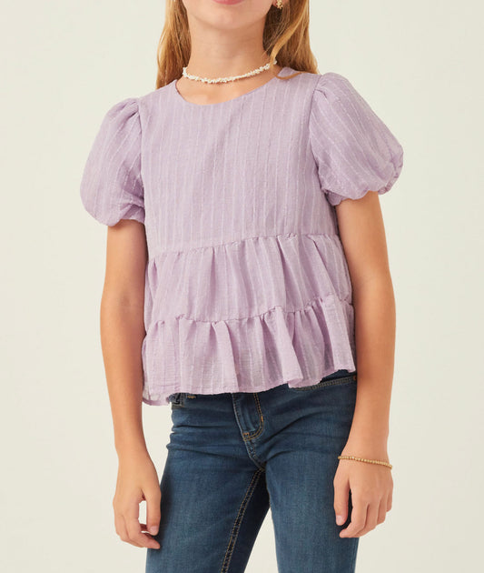 Girls Textured Striped Puff Sleeve Tiered Shirt