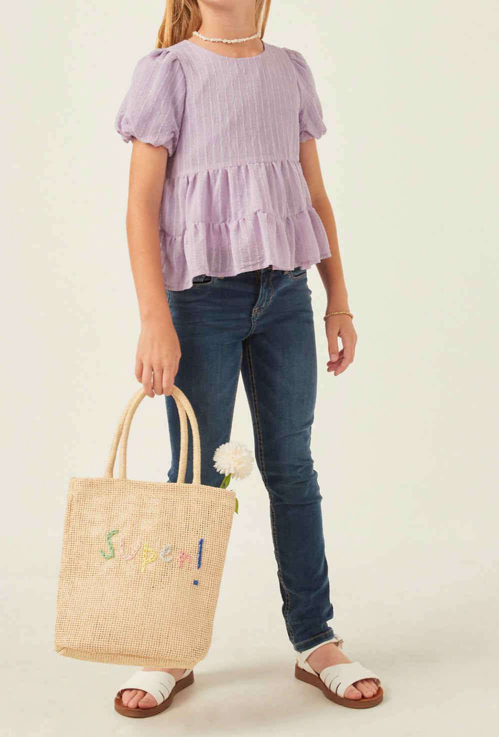 Girls Textured Striped Puff Sleeve Tiered Shirt