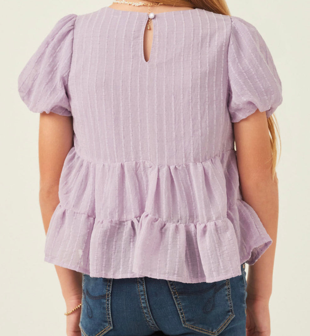 Girls Textured Striped Puff Sleeve Tiered Shirt