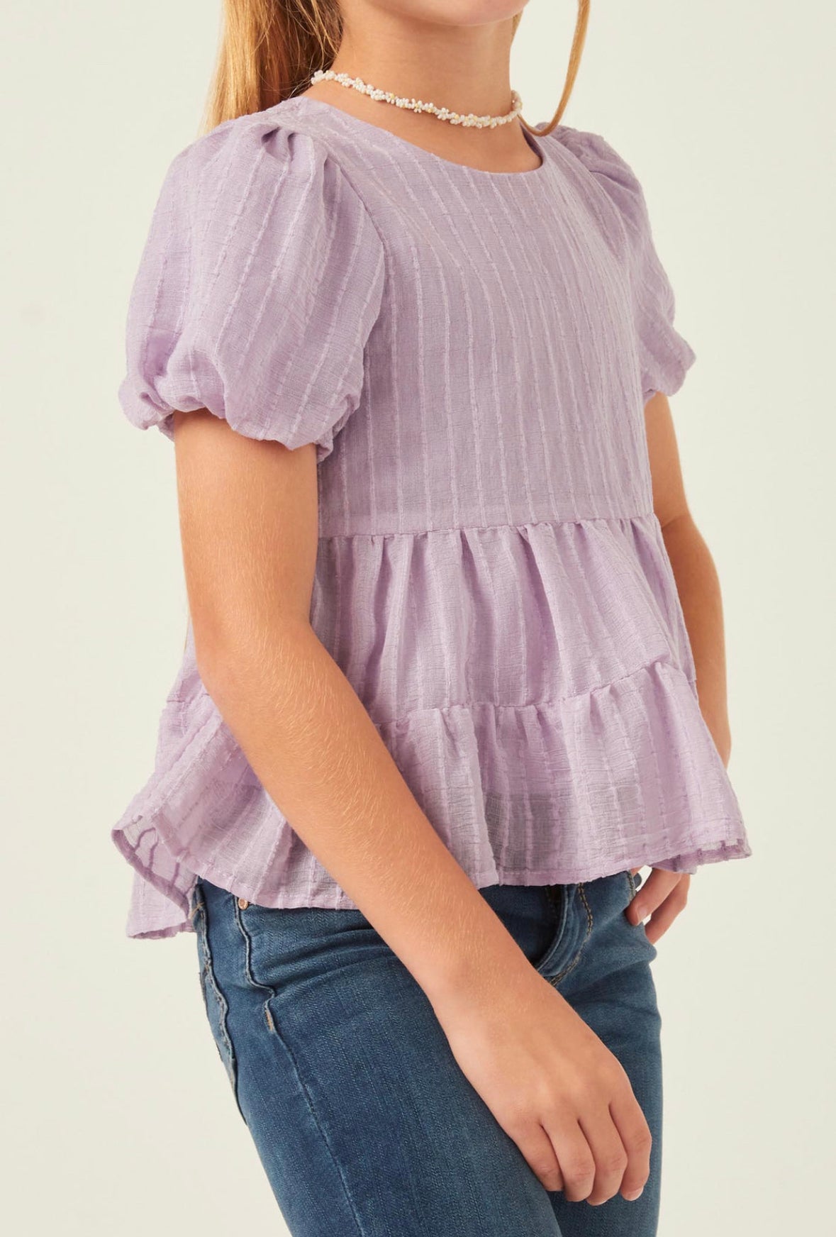 Girls Textured Striped Puff Sleeve Tiered Shirt