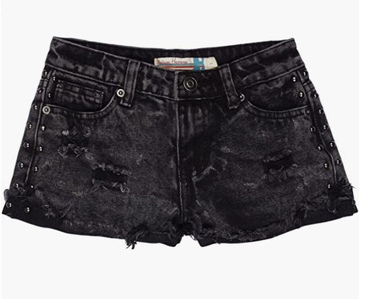 Girls Black Cuffed Studded Denim Short
