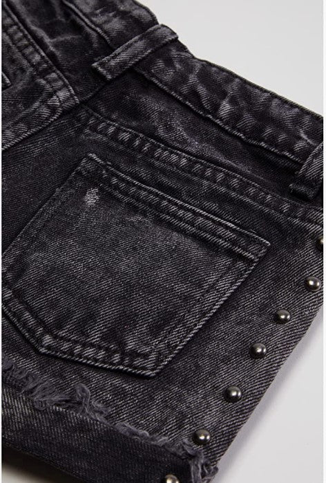 Girls Black Cuffed Studded Denim Short