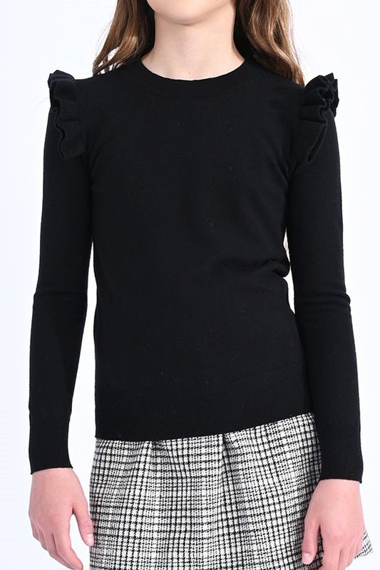 Girls Ruffled Sleeve Black Sweater