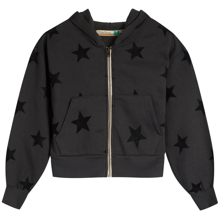 Girls Black Flocked Allover Star Cropped Zip Hoodie