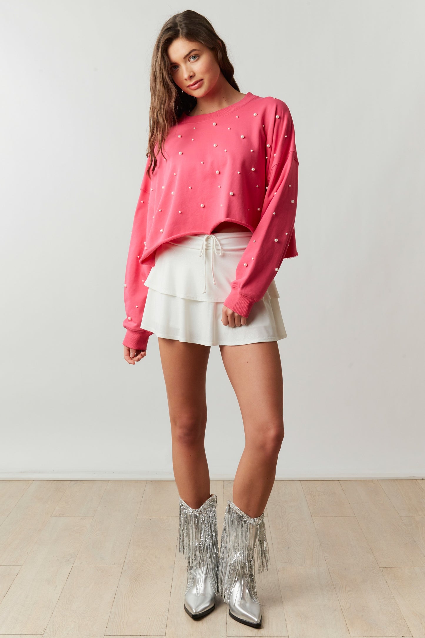 Cozy Pearl Studded Crop Sweatshirt