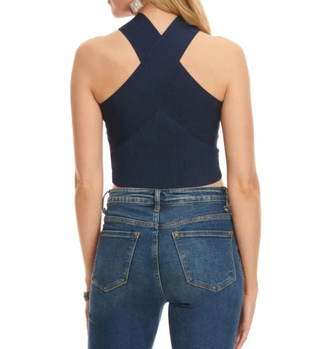 Cross Neck Ribbed Cropped Knit Top - Navy