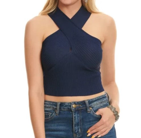 Cross Neck Ribbed Cropped Knit Top - Navy