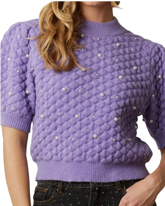 Quilted Pearl Embellished Short Sleeve Sweater