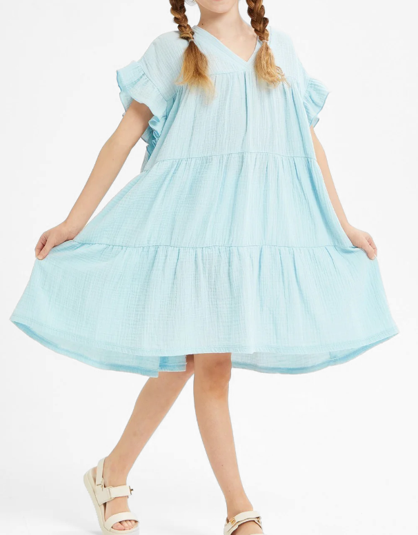 Girls Ruffle Sleeves Tiered Gauze Dress